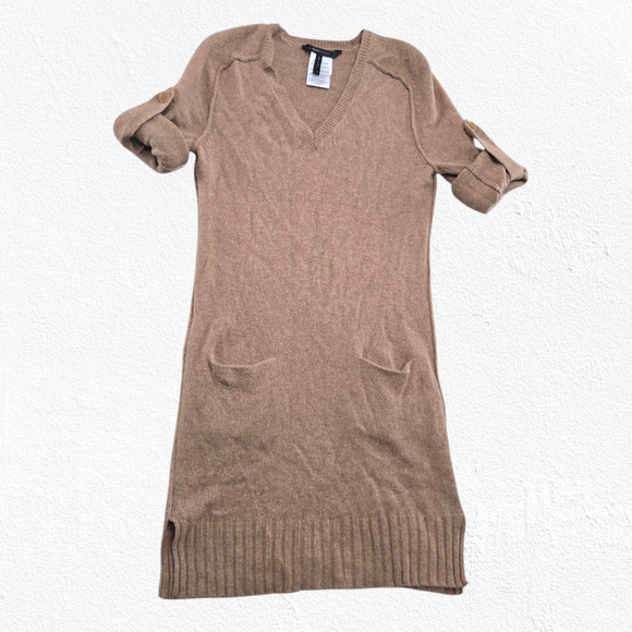 BCBGMAXAZRIA Wool Yak Sweater Dress Vicuna Roll Tab Sleeves Pockets Cozy Size XS - Picture 4 of 14